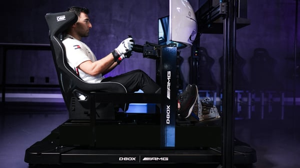 Daniel Morad sim racing on a Mercedes D-BOX motion platform
